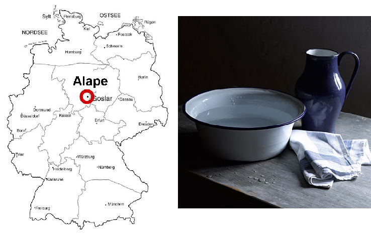 Alape社があるドイツ北部、世界遺産にも登録されている町ゴスラーの地図と、洗面ボウル画像
