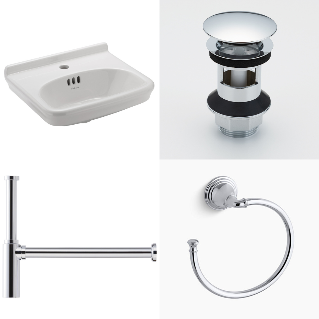 Gulid45Cloakroom 壁付け洗面器450mm+ポップアップ付き排水目皿+ボトルトラップ