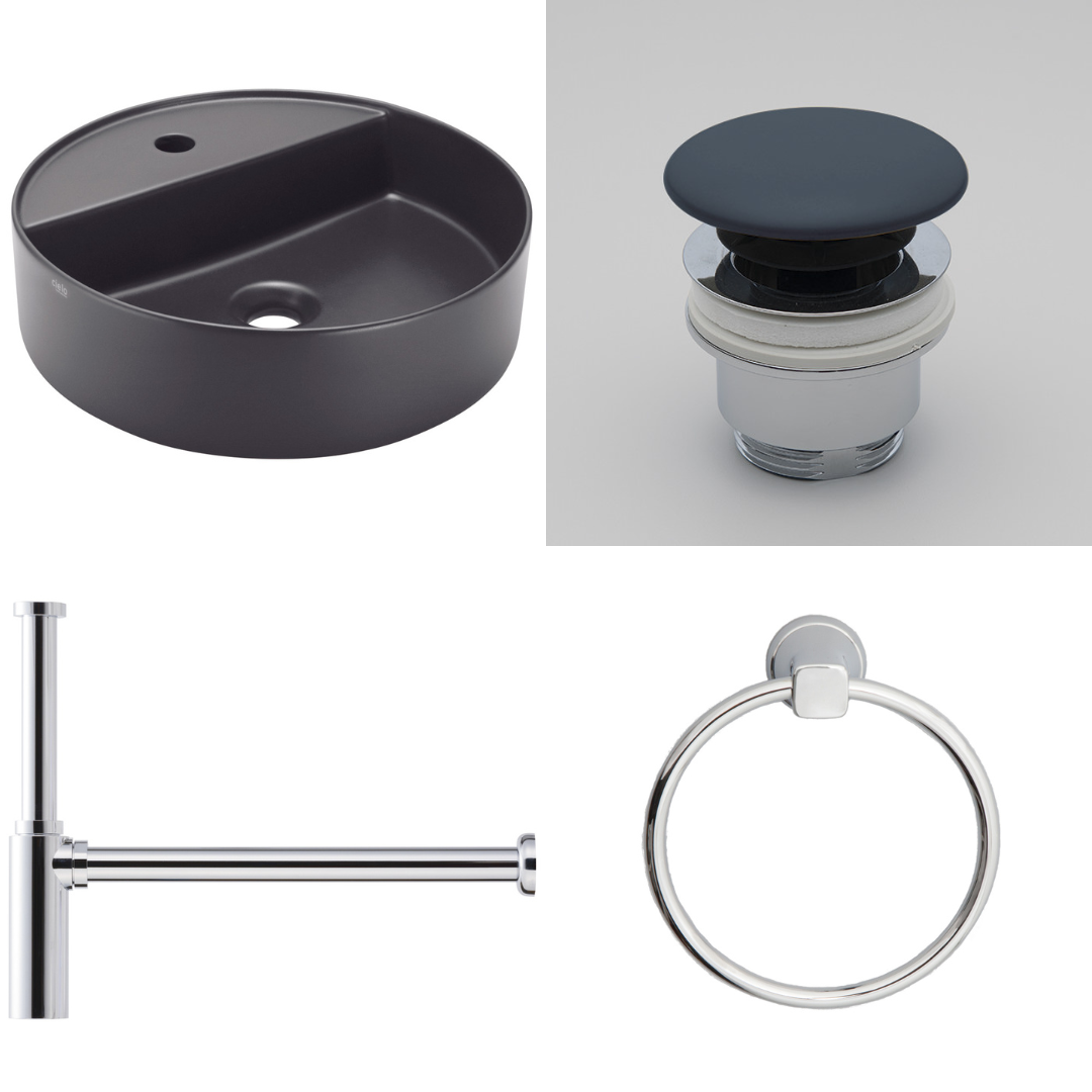 SHUI COMFORT ROUND 置き型洗面器450mm 1穴タイプ+プッシュ式排水目皿+ボトルトラップ