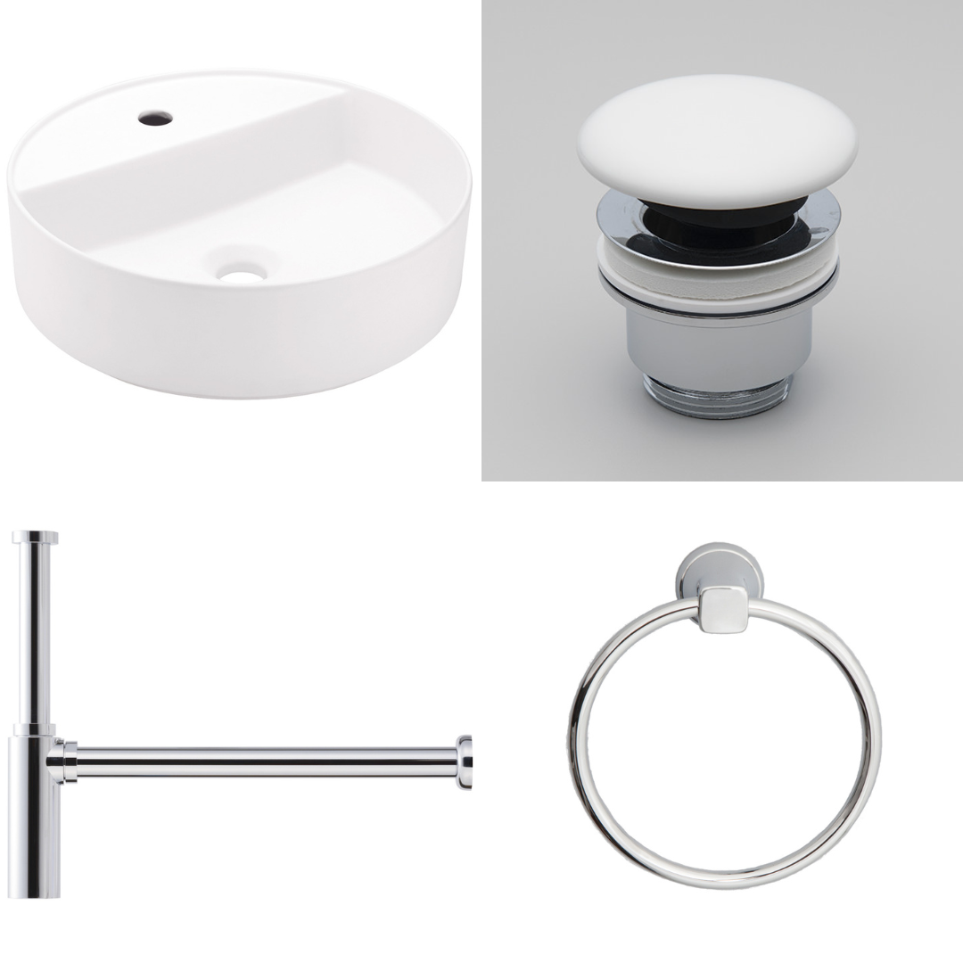 SHUI COMFORT ROUND 置き型洗面器450mm 1穴タイプ+プッシュ式排水目皿+ボトルトラップ