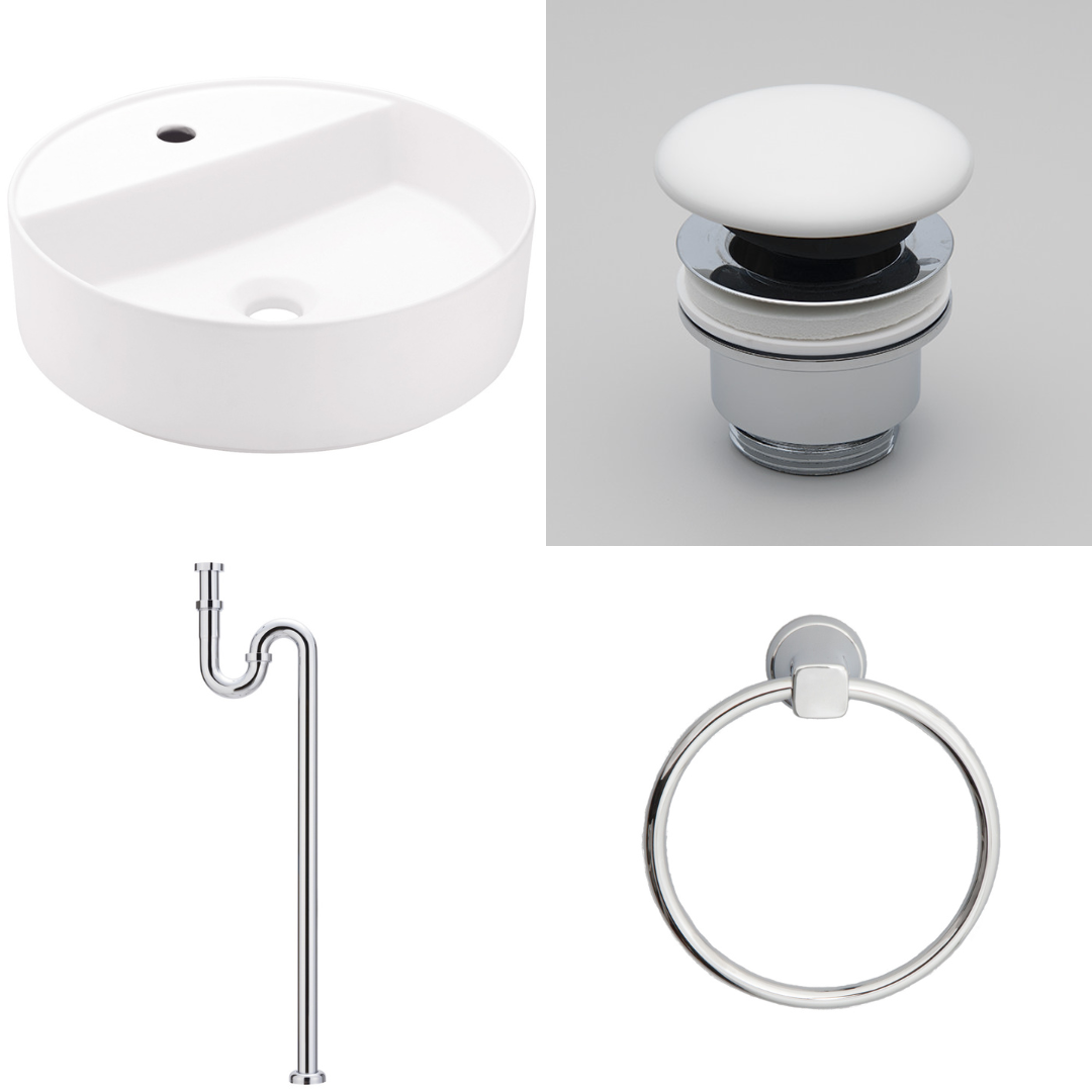 SHUI COMFORT ROUND 置き型洗面器450mm 1穴タイプ+プッシュ式排水目皿+Sトラップ