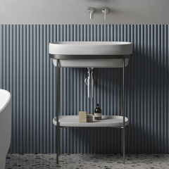 RIBBON 壁付け洗面器620mm (ホワイト/脚スチール)+排水目皿+ボトルトラップセット