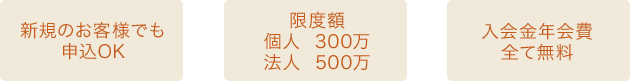 新規のお客様でも申込OK、限度額個人300万 法人500万、入会金年会費全て無料