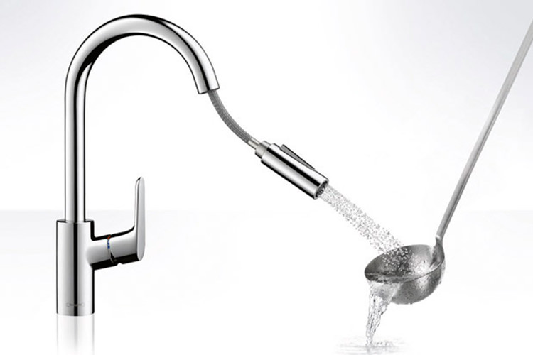 人気ブラドン ∬∬ハンスグローエフォーカス シングルレバーハイスパウト引出式キッチンシャワー混合水栓 整流吐水